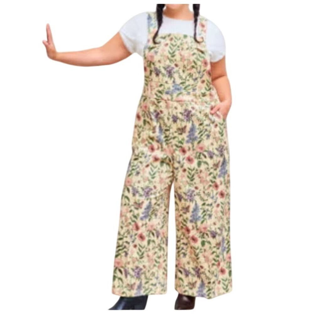 Floral Ladybug Butterfly Bee Lightweight Corduroy Overalls Jumpsuit XL Wide Leg